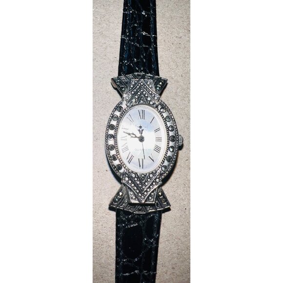 Vintage Pierre Nicol Black Leather Quartz Watch Ornate Silver-Tone Face Roman Nu - Picture 3 of 4